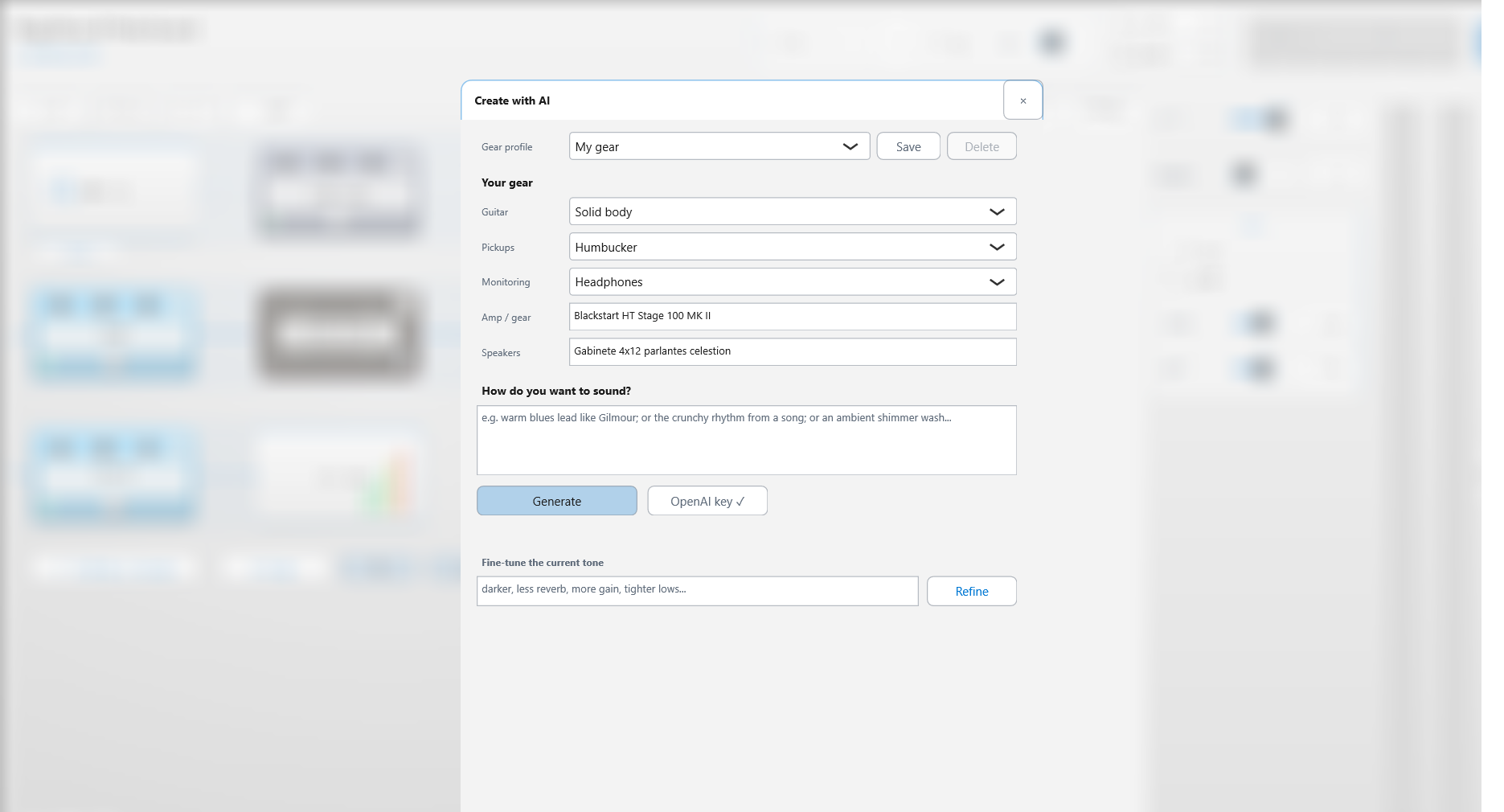Panel Crear con IA: describe cómo quieres sonar y tu equipo, y EdgeSound arma un preset