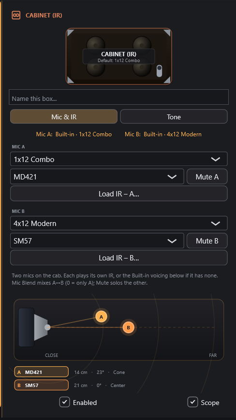 Dual microphone placement on a guitar cabinet IR