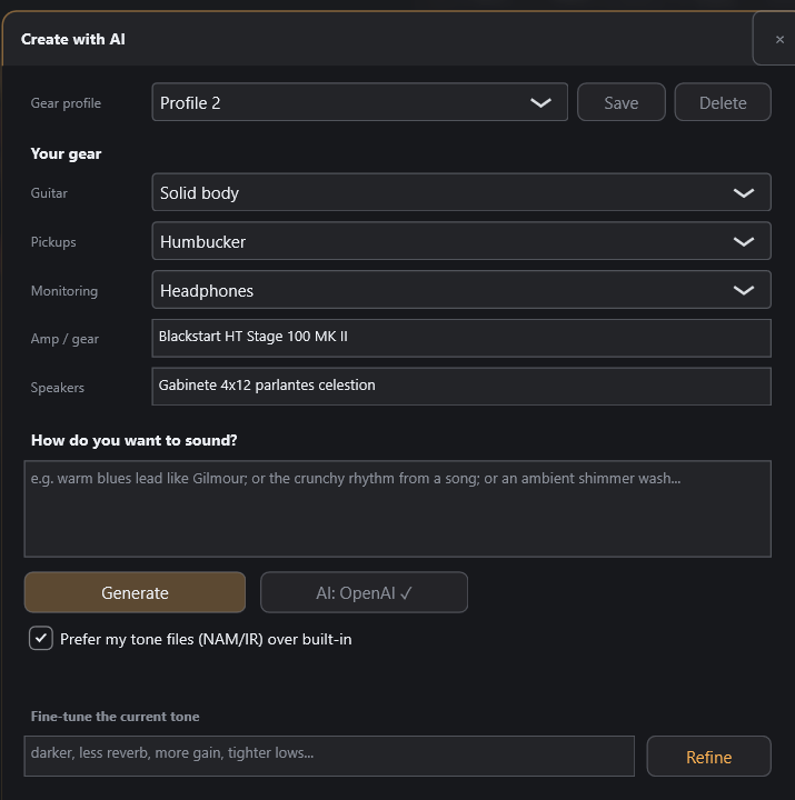 Create with AI panel: describe how you want to sound plus your gear, and EdgeSound builds a preset
