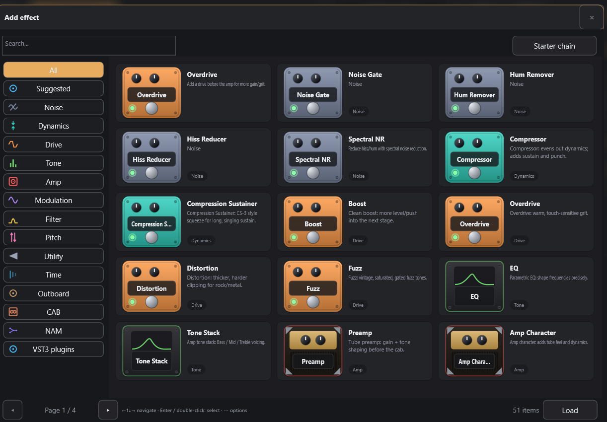 Effects browser with categories and 53 amp-sim blocks