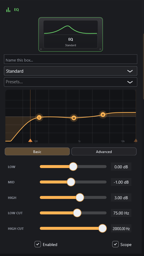 EQ inspector with interactive frequency response curve