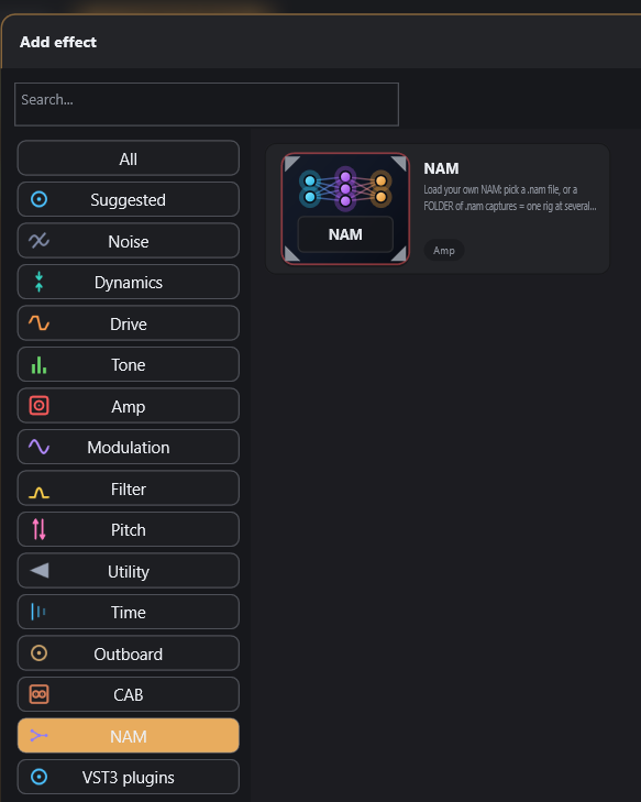 NAM node in the Add-effect browser: load a .nam file or a folder of captures