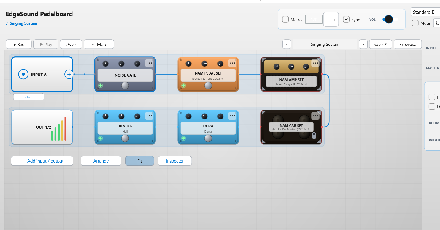 Pedalera del simulador de amplificador de guitarra EdgeSound: noise gate, capturas NAM de pedal y amplificador (Mesa JP-2C), gabinete IR, reverb y delay