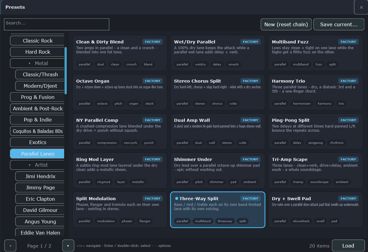 Explorador de presets con categorías por género y por artista