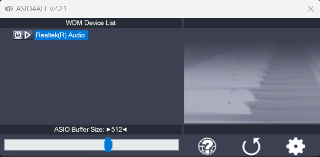 Panel de control de ASIO4ALL con el dispositivo de audio activado y buffer de 512 muestras