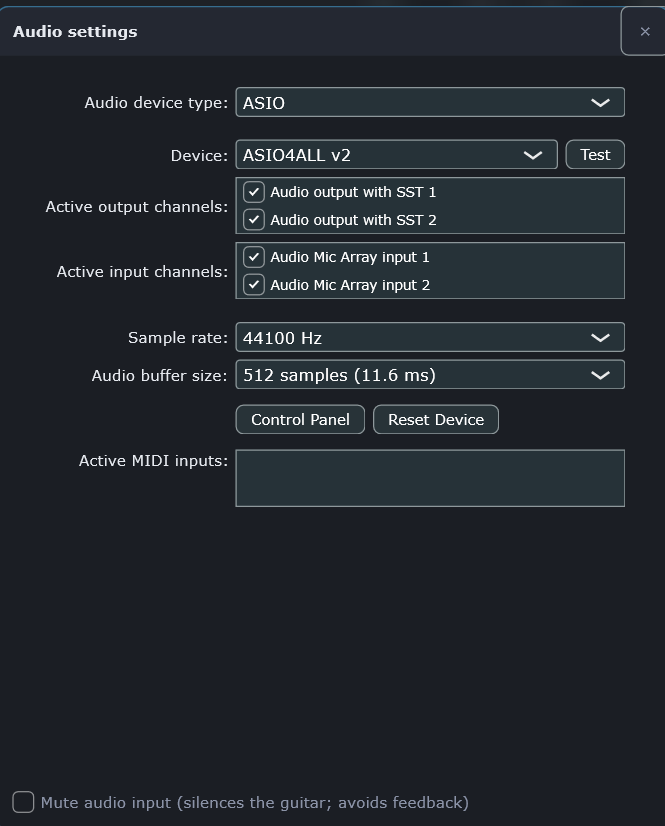 Ajustes de audio de EdgeSound: tipo de dispositivo ASIO con ASIO4ALL v2 seleccionado